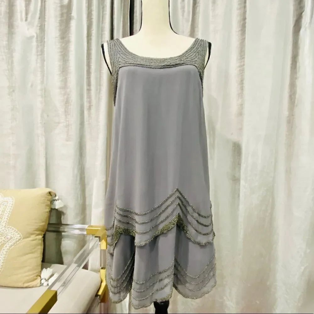JOIE Silver Beaded Knee Length Dress 1920s NWT